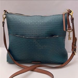 Fossil Dark Teal Coated Canvas Leather Shoulder - Crossbody Bag